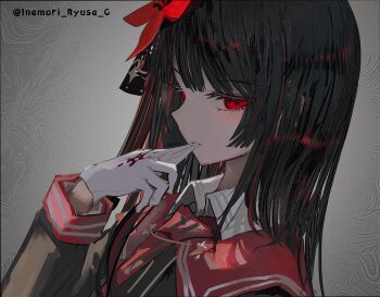 1girl biting biting_glove black_hair black_shirt blood_on_gloves commentary_request flower gloves grey_background hair_flower hair_ornament hand_up inamori_ryusa long_hair long_sleeves looking_at_viewer mahou_shoujo_no_majo_saiban nikaido_hiro red_eyes red_flower shirt solo twitter_username upper_body white_gloves