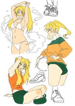1girl arms_behind_head bagyuli271 bikini black_panties black_shorts blonde_hair blue_eyes breasts cleavage cowboy_shot cropped_legs facial_mark full_body hair_between_eyes hand_on_own_hip highres jacket long_hair medium_breasts midriff multiple_views naruko_(naruto) naruto_(series) navel one_eye_closed open_mouth orange_jacket orange_shirt panties shirt shoes shorts sitting sketch smile smoke sneakers solo swimsuit transformation twintails underwear whisker_markings white_background white_bikini