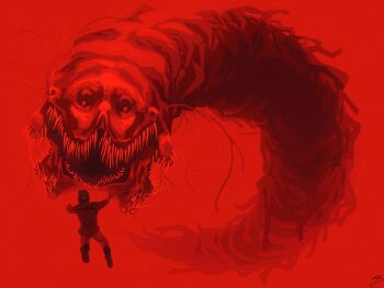 1boy creature drawsephx eldritch_abomination floating from_behind full_body highres horror_(theme) iron_lung_(movie) monster red_theme simon_(iron_lung) size_difference too_many_teeth underwater