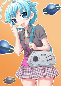 Rule 34 | 1girl, ahoge, bag, blue eyes, blue hair, brown shoes, collarbone, collared shirt, commentary request, cowboy shot, fang, flipped hair, gachon jirou, game console, hand on own face, holding, holding bag, looking at viewer, miniskirt, nonki boy, open mouth, pink shirt, plaid clothes, plaid skirt, sega saturn, shirt, shoes, short hair, short sleeves, simple background, skirt, smile, solo, standing, thighs, tied shirt, tsurime, uehara sadayo, yellow background