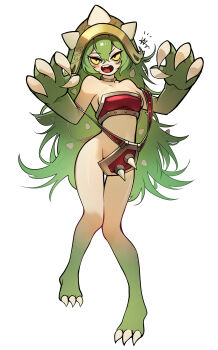 1girl absurdres armor bare_shoulders blush breasts claws colored_sclera colored_skin d: fang full_body genderswap genderswap_(mtf) gradient_background green_hair green_skin grey_background hair_between_eyes highres league_of_legends long_hair medium_breasts open_mouth personification rammus sadstar115 sharp_toenails simple_background solo spiked_armor spikes teeth toenails tongue upper_teeth_only white_background yellow_sclera