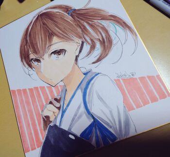 Rule 34 | 1girl, alakoala, brown eyes, brown gloves, brown hair, commentary request, double-parted bangs, gloves, hair between eyes, japanese clothes, kaga (kancolle), kantai collection, kimono, looking at viewer, marker (medium), medium hair, muneate, partially fingerless gloves, photo (medium), pout, shikishi, side ponytail, signature, solo, traditional media, upper body, white background, white kimono