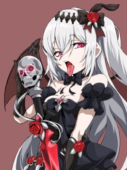 1girl absurdres b-kyuu_ocha bare_shoulders bat_wings black_bow black_bowtie black_dress black_gloves bow bowtie breasts commentary_request commission demon_girl dress flower gloves hair_flower hair_ornament highres long_hair looking_at_viewer mare_(ac8231) medium_breasts naked_bowtie open_mouth original red_background red_eyes red_flower red_rose rose second-party_source simple_background skeb_commission skull solo tongue tongue_out weapon white_hair wings