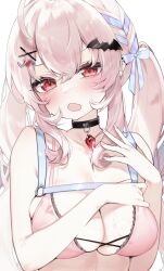 Rule 34 | 1girl, ahoge, bare shoulders, bat hair ornament, bikini, black choker, blue ribbon, blush, breasts, choker, cleavage, collarbone, fang, hair between eyes, hair ornament, hair ribbon, hairclip, heart, heart hair ornament, highres, indie virtual youtuber, jewelry, large breasts, long hair, looking at viewer, o-ring, open mouth, pink bikini, pink hair, red eyes, ribbon, sidelocks, simple background, solo, sweat, swimsuit, tamafurin, twintails, upper body, white background, x hair ornament