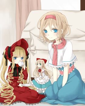 Rule 34 | 3girls, alice margatroid, black bow, black bowtie, blonde hair, blue dress, blue eyes, bonnet, bow, bowtie, capelet, character request, commentary request, couch, cup, dress, drill hair, drinking, green eyes, hair bow, hairband, holding, holding cup, holding saucer, long hair, long sleeves, medium hair, multiple girls, pink hairband, pink sash, red bonnet, red bow, red bowtie, red dress, sash, saucer, seiza, shanghai doll, sitting, teacup, touhou, tsuno no hito, very long hair, waist sash, white capelet