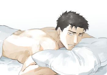 1boy ao_isami bed_sheet black_hair blanket facial_hair highres light_blush looking_at_viewer lying male_focus naked_sheet on_bed on_stomach pillow pov_across_bed shy sideburns_stubble solo stubble thick_eyebrows toned toned_male under_covers yuuki_bakuhatsu_bang_bravern