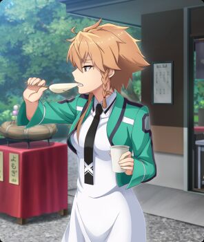 1girl biting black_necktie braid breasts cup dango day disposable_cup dress eating first_high_school_uniform food game_cg green_jacket holding holding_cup holding_skewer jacket long_sleeves mahouka_koukou_no_rettousei medium_breasts necktie official_art open_clothes open_jacket orange_eyes orange_hair outdoors red_pupils sanshoku_dango school_uniform shidou_maki_(toji_no_miko) short_hair_with_long_locks sign single_braid skewer solo spiked_hair stone_walkway teeth third-party_source toji_no_miko toji_no_miko:_kizamishi_issen_no_tomoshibi translated tree wagashi white_dress