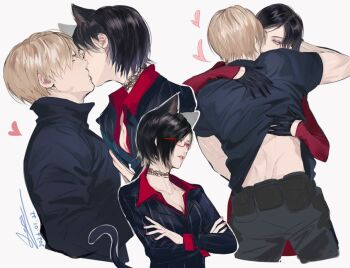 1boy 1girl ada_wong animal_ears black_gloves black_hair blonde_hair blue_shirt breasts cat_ears cat_tail choker cleavage clothes_lift collarbone commentary_request couple cowboy_shot crossed_arms dated from_behind from_side glasses gloves heart hetero jacket kemonomimi_mode kiss lace lace_choker leon_s._kennedy long_sleeves medium_breasts meow_(cindy738) multiple_views parted_lips profile red-framed_eyewear red_shirt red_sweater resident_evil resident_evil_4 resident_evil_4_(remake) ribbed_sweater semi-rimless_eyewear shirt shirt_lift short_hair signature suit_jacket sweater tail under-rim_eyewear upper_body wing_collar