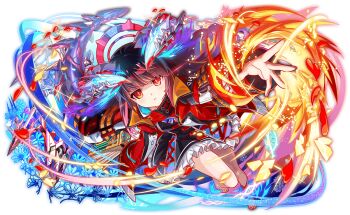 1girl alternate_costume aqua_flower artist_request bare_legs barefoot black_hair blunt_bangs bolt_(hardware) cel_shading coat crash_fever cross-laced_clothes cross-laced_dress dna double_helix fire flower flower_request full_body game_cg hair_ornament legs_apart light_particles long_hair looking_at_viewer number_print numbered official_alternate_costume official_art outline red_coat red_eyes red_outline red_sleeves solo square square_print tachi-e third-party_source toes transparent_background two-sided_coat two-sided_fabric very_long_hair walker_(crash_fever)