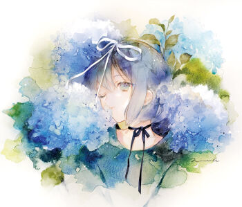 1girl blue_eyes blue_hair bow clip_studio_paint_(medium) commentary_request cropped_torso flower green_shirt hydrangea looking_at_viewer niwa_haruki one_eye_closed original painting_(medium) petals_in_mouth revision shirt short_hair sidelocks simple_background traditional_media upper_body watercolor_(medium) white_background white_bow