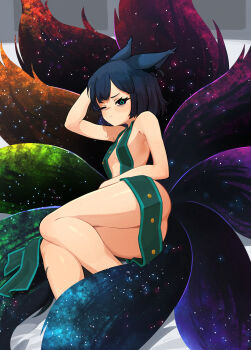 1girl animal_ear_fluff animal_ears arm_behind_head bare_arms bare_legs bare_shoulders black_eyes black_hair breasts closed_mouth commentary dress english_commentary fox_ears fox_tail frown green_dress green_pupils highres kitsune kyuubi looking_at_viewer lying multiple_tails no_panties on_side one_eye_closed original revealing_clothes short_hair sideboob small_breasts solo starry_sky_print suweeka tail thighs