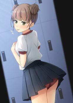1girl breasts brown_hair buruma buruma_under_skirt commentary_request double_bun green_eyes hair_bun highres locker original red_buruma shibacha shirt skirt small_breasts solo tongue tongue_out