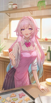 1girl absurdres alternate_costume apron black_skirt blue_hair bow bowtie commentary cookie cyrene_(demiurge)_(honkai:_star_rail) cyrene_(honkai:_star_rail) diamond-shaped_pupils diamond_(shape) food gradient_hair hair_intakes hairband highres holding honkai:_star_rail honkai_(series) indoors isome jewelry long_hair looking_at_viewer multicolored_hair open_mouth pink_bow pink_bowtie pink_hair pointy_ears ring shirt sidelocks skirt smile solo symbol-only_commentary symbol-shaped_pupils white_hairband white_shirt