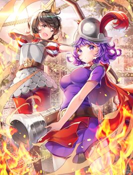 2girls antique_firearm armor arrow_(projectile) artist_name bad_id bad_pixiv_id blunderbuss blush bow_(weapon) breastplate breasts cape chain character_request clash_royale crown dress fantasy fire firearm gun helmet holding holding_bow_(weapon) holding_gun holding_weapon looking_at_viewer looking_away medium_breasts multiple_girls musketeer_(clash_royale) open_mouth pants purple_dress purple_eyes purple_hair red_cape red_pants short_dress short_hair short_sleeves smile standing tobi_(mue86) wavy_hair weapon