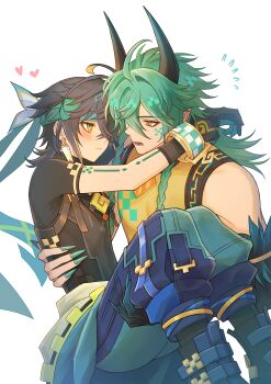 Rule 34 | 2boys, absurdres, ajaw (genshin impact), arm tattoo, black gloves, black hair, black shirt, braid, carrying, closed mouth, clothes around waist, dragon horns, earrings, facial mark, fur trim, genshin impact, gloves, green eyes, green gloves, green hair, green headband, green pants, hair between eyes, headband, highres, horns, humanization, jewelry, kinich (genshin impact), liu (erzplubdduik93g), long hair, male focus, multicolored hair, multiple boys, open mouth, pants, princess carry, shirt, short hair, streaked hair, tattoo, twin braids, two-tone gloves, white background, yaoi, yellow shirt