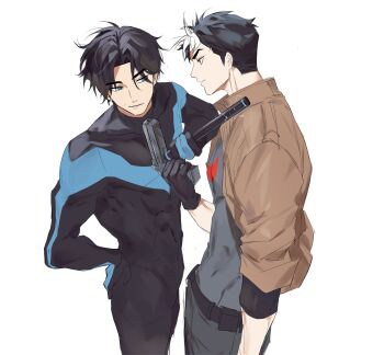 bat_signal batman_(series) batman_symbol belt black_bodysuit black_gloves black_hair blue_eyes bodysuit brown_jacket chewinggum205 dc_comics dick_grayson escrima_sticks gloves grey_bodysuit hashtag-only_commentary highres jacket jason_todd male_focus multicolored_bodysuit multiple_boys muscular muscular_male nightwing open_clothes pants red_hood_(dc) red_hood_and_the_outlaws short_hair superhero_costume taut_bodysuit two-tone_bodysuit utility_belt