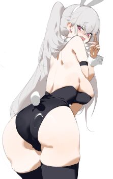 1girl absurdres alternate_costume animal_ear_hairband animal_ears arm_strap ass back black_leotard black_thighhighs breasts character_request copyright_request crossed_bangs dokshuri fake_animal_ears fake_tail grey_hair hairband highres large_breasts leotard long_hair median_furrow playboy_bunny rabbit_ear_hairband rabbit_ears rabbit_tail simple_background skindentation solo strapless strapless_leotard tail thighhighs twintails v very_long_hair white_background