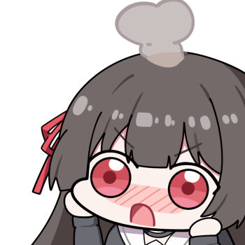 1girl ball_hands black_choker black_hair blush chisa_(wuthering_waves) choker commentary embarrassed hair_ribbon hands_on_own_face long_hair looking_at_viewer open_mouth portrait red_eyes red_ribbon ribbon simple_background solo symbol-only_commentary twomoon white_background wuthering_waves