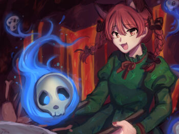 1girl animal_ears black_bow bone bow braid cat_ears cat_girl cave dress elosia extra_ears fang green_dress highres hitodama juliet_sleeves kaenbyou_rin lava long_sleeves medium_hair open_mouth puffy_sleeves red_eyes red_hair red_ribbon ribbon skull smile solo touhou twin_braids wheelbarrow