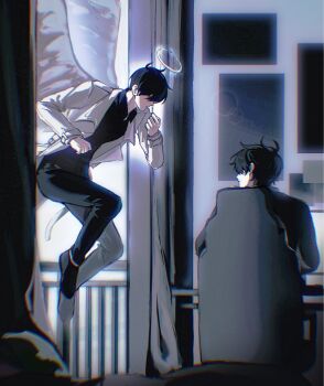 2boys akigawasou angel balcony bed black_hair black_jacket black_shirt chair coat collared_shirt commentary curtained_hair doorway feathered_wings floating full_body gaming_chair glowing hair_over_eyes halo hand_up highres jacket kim_dokja looking_at_another male_focus monitor multiple_boys omniscient_reader&#039;s_viewpoint open_clothes open_coat open_door photo_(object) railing shirt short_hair sitting swivel_chair symbol-only_commentary white_coat white_wings wings yoo_joonghyuk