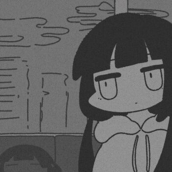 1girl animated animated_gif arrow_(symbol) blunt_bangs closed_mouth drawstring expressionless greyscale hishimatope hood hood_down hoodie lagtrain_(vocaloid) long_hair looping_animation low_twintails monochrome osage_(nukunuku_nigirimeshi) sitting solo train_interior twintails upper_body
