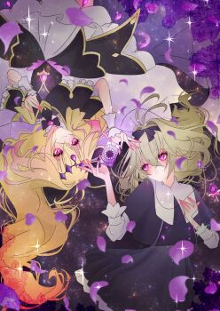 1girl absurdres antenna_hair black_bow black_capelet black_dress blonde_hair bow brooch capelet card closed_mouth commentary_request cure_arcana_shadow dress dual_persona flower gradient_hair grey_hair hair_bow hair_intakes heart heart_brooch highres jewelry long_hair magical_girl meitantei_precure! moria_luluka multicolored_hair open_mouth precure purple_eyes purple_veil smile tarot veil wrist_cuffs yukmar_1203iu