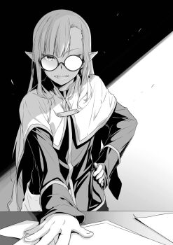 1boy alt_text asymmetrical_bangs capelet commentary_request dungeon_ni_deai_wo_motomeru_no_wa_machigatteiru_darou_ka elf glasses greyscale hand_on_own_hip hand_on_table hedin_selland highres looking_at_viewer monochrome nilitsu novel_illustration official_art opaque_glasses parted_lips partially_opaque_glasses pointy_ears second-party_source shirt solo standing
