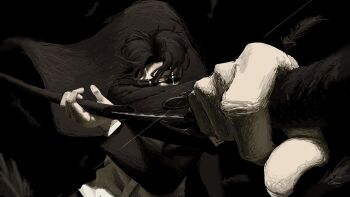 1boy absurdres black_hair closed_eyes highres holding holding_sword holding_weapon jacket kagurabachi long_sleeves male_focus nxyxs samura_seiichi scar scar_across_eye scar_across_eyes scar_on_face sheath shirt short_hair suit_jacket sword tobimune_(sword) unsheathing weapon