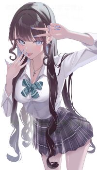 Rule 34 | 1girl, black hair, black skirt, blue eyes, blue jacket, blunt bangs, blush, bow, breasts, cellphone, cleavage, collarbone, collared shirt, cross, cross necklace, cross piercing, ear piercing, fingernails, green bow, highres, jacket, jewelry, large breasts, long fingernails, long hair, long sleeves, looking at viewer, necklace, original, phone, piercing, pleated skirt, purple nails, school uniform, shirt, sidelocks, simple background, skirt, smartphone, solo, tongue, tongue out, tongue piercing, v, white background, white shirt, yayoi (yay0ee)