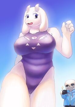 1boy 1girl absurdres black_eyes camera cloud furry goat highres open_mouth sans_(undertale) skeleton smile swimsuit toriel undertale utdr_(toby_fox) yamane512