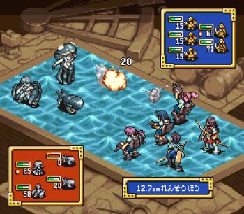 6+girls akagi_(kancolle) akebono_(kancolle) blue_hair bow_(weapon) brown_hair chibi damage_numbers firing gameplay_mechanics i-class_destroyer japanese_clothes kaga_(kancolle) kantai_collection multiple_girls ogre_battle oobako parody pink_hair pixel_art purple_hair ri-class_heavy_cruiser rigging sailor_collar sazanami_(kancolle) school_uniform serafuku side_ponytail smoke standing ushio_(kancolle) weapon wo-class_aircraft_carrier