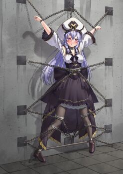 1girl absurdres against_wall anchor_(tie_down) arms_up assault_lily back_bow bdsm black_bow black_pantyhose black_ribbon black_skirt blue_gemstone blush bound bound_ankles bound_legs bound_torso bound_wrists bow breasts brown_shoes chain chained clenched_teeth clothing_cutout collar collarbone commentary_request commission cuffs female_focus fingernails frilled_skirt frilled_sleeves frills full_body gem grey_hair hair_between_eyes hat high-low_skirt highres indoors jewelry layered_skirt loafers long_hair looking_at_viewer medium_breasts metal_collar neck_ribbon outstretched_arms pantyhose parted_lips pink_eyes restrained ribbon ring shackles shadow shirt shoes shoulder_cutout skeb_commission skirt solo spread_eagle_position standing suspension takamatsu_shiera teeth three-quarter_sleeves tile_floor tiles tipties tiptoes underbust v-shaped_eyebrows variant_set white_hat white_shirt wide_sleeves yuzu_koshou_(yuzukosyooisi)