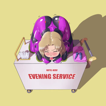 1girl akagi_ritsuko angry ass ball_gag bdsm blonde_hair blush bodysuit bondage bound box breasts brown_eyes butt_plug closed_eyes dildo embarrassed female_focus gag gagged in_box in_container mecha_pilot_suit medium_breasts neon_genesis_evangelion plugsuit_(evangelion) public_use purple_bodysuit reptileye restrained scared sex_toy short_hair simple_background skin_tight solo struggling tissue tissue_box trembling