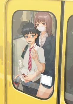 1boy 1girl age_difference assertive_female bar_censor black_hair blush brown_eyes brown_hair cellphone censored chijo commentary_request crowd cum dress_shirt ejaculation female_pervert from_front from_outside front-to-back glass green_eyes handjob hetero holding holding_phone mask mimizuki_(mimizuki_p) mouth_mask necktie onee-shota open_mouth original penis penis_out pervert phone public_indecency reach-around shirt shota size_difference smartphone surgical_mask testicles train window