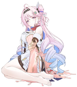 1girl ahoge bare_shoulders black_bow blue_eyes bow breasts closed_mouth colored_inner_hair commentary denia_(wuthering_waves) detached_sleeves dress gloves gradient_hair hair_bow hair_intakes hair_ornament hand_up highres large_breasts long_hair looking_at_viewer looking_to_the_side multicolored_hair pink_hair purple_hair red_gloves simple_background sitting smile solo turning_head white_background white_dress wuthering_waves xfate yokozuwari
