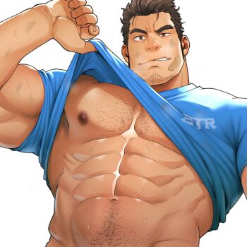 1boy abs armpit_hair armpit_hair_peek bandaid bandaid_on_face bara blue_shirt brown_eyes brown_hair chest_hair clothes_lift dirty facial_hair goatee_stubble hair_slicked_back highres large_pectorals long_sideburns looking_at_viewer male_focus mizuki_gai muscular muscular_male mustache_stubble navel_hair nipples original pectorals shirt shirt_lift short_hair short_sleeves sideburns simple_background smile solo stubble sweat thick_eyebrows white_background