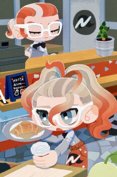 1boy 1girl apron black_bow black_bowtie blue_eyes bow bowtie chikagoro_iruyo chikorita closed_eyes croissant cup disposable_coffee_cup disposable_cup food food_truck gen_2_pokemon glasses gradient_hair griselle_(pokemon) grisham_(pokemon) hair_pulled_back highres multicolored_hair nintendo orange_apron orange_hair pokemon pokemon_legends:_z-a ponytail print_apron red_apron red_hair shirt short_ponytail split_ponytail two-tone_hair waist_apron white-framed_eyewear white_hair white_shirt