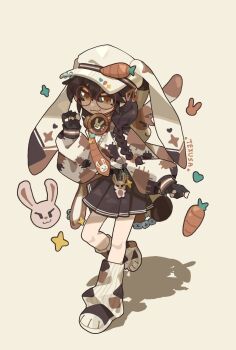 1girl :3 animal_bag animal_hat artist_name backpack bag black_gloves braid brown-framed_eyewear brown_eyes brown_hair brown_skirt carrot carrot_hat_ornament charm_(object) closed_mouth commentary dark-skinned_female dark_skin english_commentary fingerless_gloves full_body glasses gloves hat highres long_hair necktie original patchwork_clothes rabbit rabbit_hat round_eyewear shadow simple_background skirt smile solo standing standing_on_one_leg sweater texusa1 white_hat