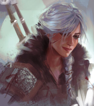 1girl absurdres ciri facial_scar highres long_hair ponytail scar scar_on_cheek scar_on_face solo sword sword_on_back teeth the_witcher_(series) the_witcher_4 upper_teeth_only weapon weapon_on_back white_hair ziriii