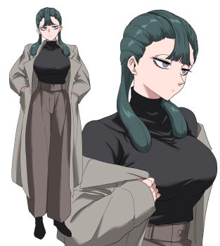 1boy alternate_costume ashei bags_under_eyes black_hair black_shirt black_shoes breasts brown_pants closed_mouth coat commentary eyelashes hair_slicked_back hands_in_pockets highres jitome large_breasts long_sleeves multiple_views narrow_waist nasu_(ilo_a5) nintendo pants purple_eyes shirt shoes short_twintails simple_background the_legend_of_zelda the_legend_of_zelda:_twilight_princess trench_coat turtleneck twintails undressing white_background