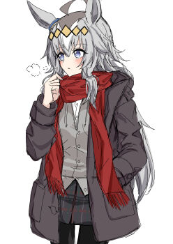 1girl absurdres ahoge amaxa animal_ears black_pantyhose blue_eyes blush breath coat commentary_request ear_ornament grey_coat grey_hair grey_vest hair_between_eyes hair_ornament hairband hand_in_pocket highres horse_ears horse_girl indoors long_hair long_sleeves multicolored_hair oguri_cap_(umamusume) pantyhose plaid_clothes plaid_skirt red_scarf scarf shirt skirt solo umamusume vest white_background white_shirt