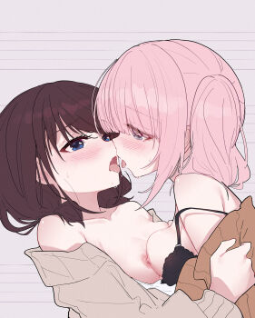 2girls after_kiss asymmetrical_docking black_bra blue_eyes blush bra breast_press breasts brown_cardigan brown_hair cardigan chinese_commentary commentary_request eye_contact girls_band_cry grey_eyes highres hina_(girls_band_cry) iseri_nina looking_at_another low_twintails medium_breasts multiple_girls nipples off_shoulder pink_hair short_hair short_twintails small_breasts twintails underwear yun_cao_bing yuri