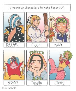 4boys 4girls ? absurdres blood blood_on_face blunt_bangs buggy_the_clown camie_(one_piece) commentary english_commentary green_hair green_headband hands_on_own_cheeks hands_on_own_face hat headband headscarf highres hockey_mask holding killer_(one_piece) koby_(one_piece) looking_at_viewer makino_(one_piece) mask mermaid moda_(one_piece) monkey_d._luffy monster_girl multiple_boys multiple_drawing_challenge multiple_girls natade_art one_piece pirate_hat rebecca_(one_piece) shirt short_hair sideburns six_fanarts_challenge white_shirt