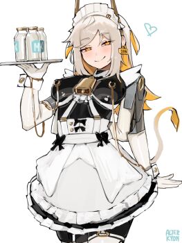 1girl alterkyon apron artist_name blonde_hair bodysuit bottle breasts commentary cowboy_shot ear_tag elbow_gloves english_commentary gloves grey_hair highres holding holding_tray joints light_blush long_hair maid maid_apron maid_headdress medium_breasts milk_bottle multicolored_hair original orion_(alterkyon) robot_girl robot_joints tray white_background white_gloves white_wrist_cuffs wrist_cuffs yellow_eyes