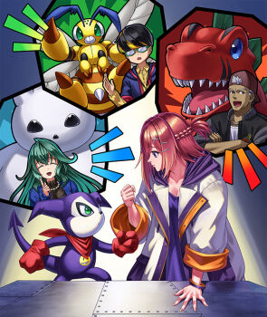 2girls 3boys bandana bandana_around_neck bee black_jacket black_shirt blue_eyes breasts bug camisole cleavage cowboy_shot dark-skinned_male dark_skin demon_boy digimon digimon_(creature) digimon_card_game digimon_liberator funbeemon gloves green_eyes green_hair impmon insect jacket kazuki_seihou kazuki_suzune long_hair multiple_boys multiple_girls official_art pink_hair purple_camisole purple_eyes red_bandana red_gloves ryutaro_williams shirt short_hair snowman tyrannosaurus_rex tyranomon white_jacket winr yukidarumon yuuki_(digimon)
