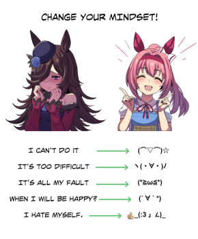 Rule 34 | 2channel, 2girls, absurdres, animal ears, bare shoulders, blue flower, blue overalls, blue rose, blush, bow, breasts, brown hair, change your mindset (meme), closed eyes, closed mouth, collared shirt, commentary, depressed, dress, ear bow, ear covers, emoticon, english text, fascinator, flipped hair, flower, hair over one eye, hairband, happy, haru urara (casual) (umamusume), haru urara (umamusume), hat, hat flower, headband, highres, hinghoi, horse ears, horse girl, jisakujien, kaomoji, long hair, long sleeves, meme, multiple girls, off-shoulder dress, off shoulder, open mouth, overalls, pink hair, pink headband, pink ribbon, pink shirt, ponytail, purple dress, purple eyes, red headband, ribbon, rice shower (rosy dreams) (umamusume), rice shower (umamusume), rose, shaded face, shirt, smile, star (symbol), suspenders, tilted headwear, umamusume, upper body, white shirt