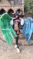 1girl angel_wings animated arc_system_works ass audible_music black_panties blue_hair braces breasts byoruu cleavage cleavage_cutout closed_mouth clothing_cutout cosplay detached_collar detached_sleeves dizzy_(guilty_gear) dizzy_(guilty_gear)_(cosplay) fake_tail feathers female_focus guilty_gear hair_between_eyes hair_ribbon highres large_breasts long_hair looking_at_viewer navel off_shoulder panties parted_lips photo_(medium) real_life red_eyes red_lips ribbon shoes sidelocks smile sneakers solo sound tail teeth thighs twintails underboob underwear video wide_sleeves wings