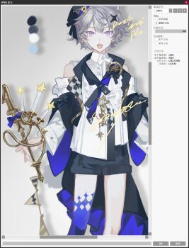 1boy bare_shoulders black_hat black_shorts bow brooch candle collared_shirt grey_hair hair_between_eyes hair_ornament hat highres holding holding_candle jewelry liulianjingrua long_sleeves looking_at_viewer male_focus off_shoulder official_alternate_costume open_mouth original purple_eyes shirt short_hair shorts solo thighhighs white_shirt