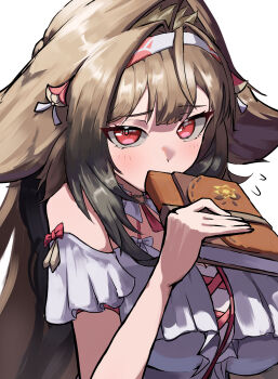 1girl absurdres animal_ear_fluff blush book breasts brown_hair commentary_request criss-cross_straps detached_sleeves droopy_ears flying_sweatdrops frills gradient_hair hair_ornament headband highres holding holding_book kraken_bio large_breasts long_hair multicolored_hair official_alternate_costume red_eyes white_background ye_shunguang ye_shunguang_(touch_of_dawnlight) zenless_zone_zero