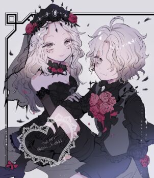 1boy 1girl ada_mesmer ada_mesmer_(everlasting_night) ahoge black_boots black_nails black_shirt black_shorts black_veil boots bridal_gauntlets bridal_veil cross cross_earrings earrings emil_(identity_v) emil_(luminary)_(identity_v) eric_knikki facial_mark flower frilled_shirt frills grey_vest identity_v jewelry lace lace_dress lace_sleeves long_hair looking_at_viewer official_alternate_costume puffy_sleeves red_flower red_rose rose shirt short_hair shorts single_earring smile twitter_username veil vest wavy_hair white_eyes white_hair